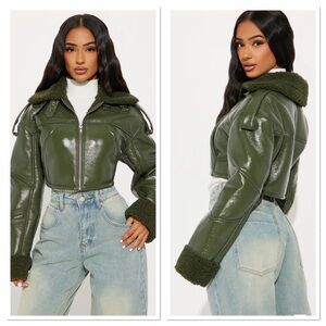 Fashion Nova Dark Green Faux Leather Crop Jacket